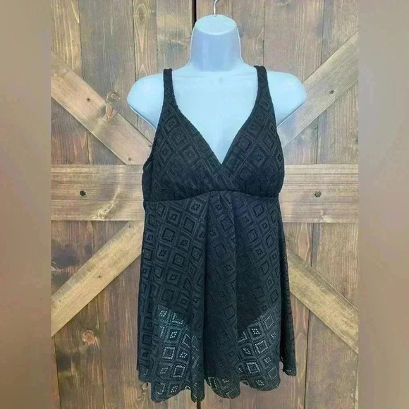 NWT Swim Solutions CROCHET BLACK Flyaway Tummy Control Swimdress Macys size 14 - Picture 3 of 11